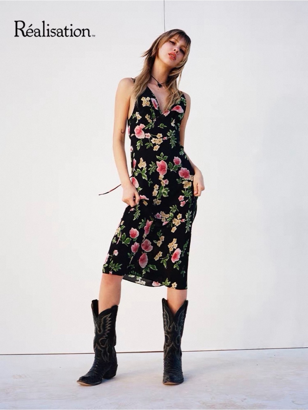 Réalisation Par Black Floral Slip Midi Dress with Pink Blooms